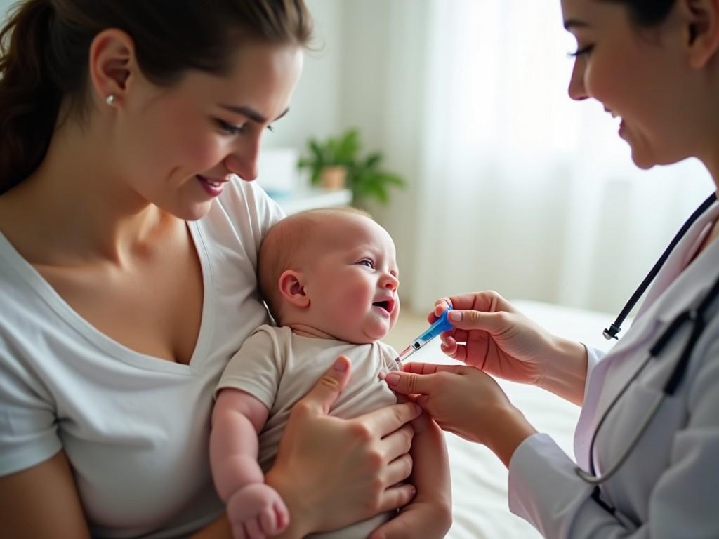 A mother holds her baby, smiling gently as they prepare for a vaccination. The healthcare professional, in a white coat and stethoscope, is ready with a syringe. The environment is warm and inviting with soft, natural lighting and a light color palette. The baby appears calm and content, highlighting the nurturing bond between the mother and child. This scene captures the importance of vaccinations in child health and parent engagement in healthcare.