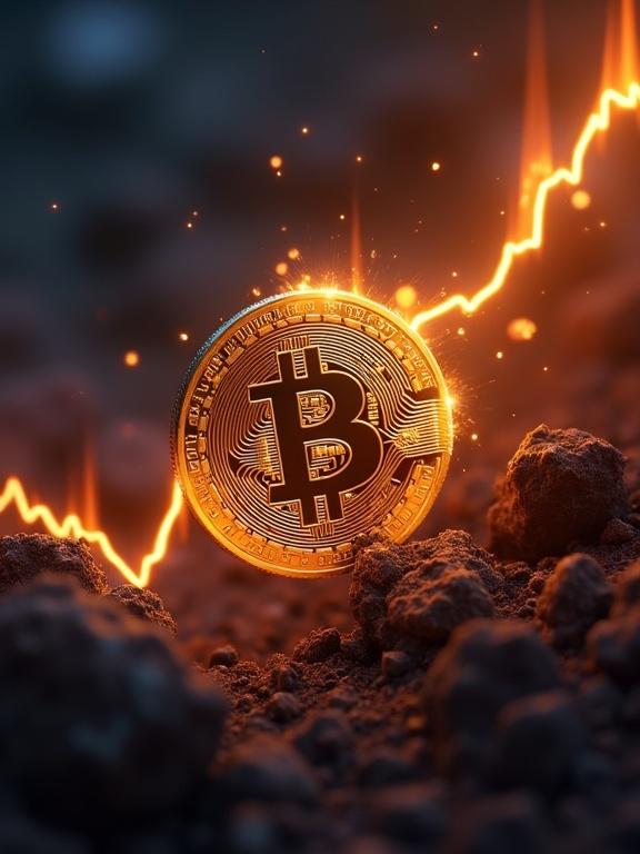 Imagen de una gráfica de precios subiendo rápidamente con un símbolo de Bitcoin. Moneda se muestra con efectos de fuego para dramatismo.