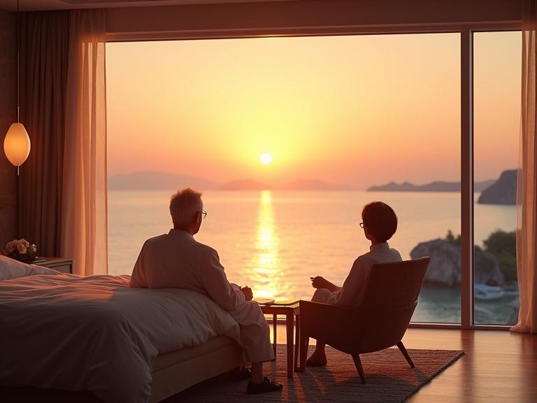 An ultra-realistic depiction of an elderly Japanese couple sitting in a luxurious futuristic hotel room. They are facing a large window with a stunning view of the sunrise over the ocean. The room features modern decor, a comfortable bed, and elegant furniture.