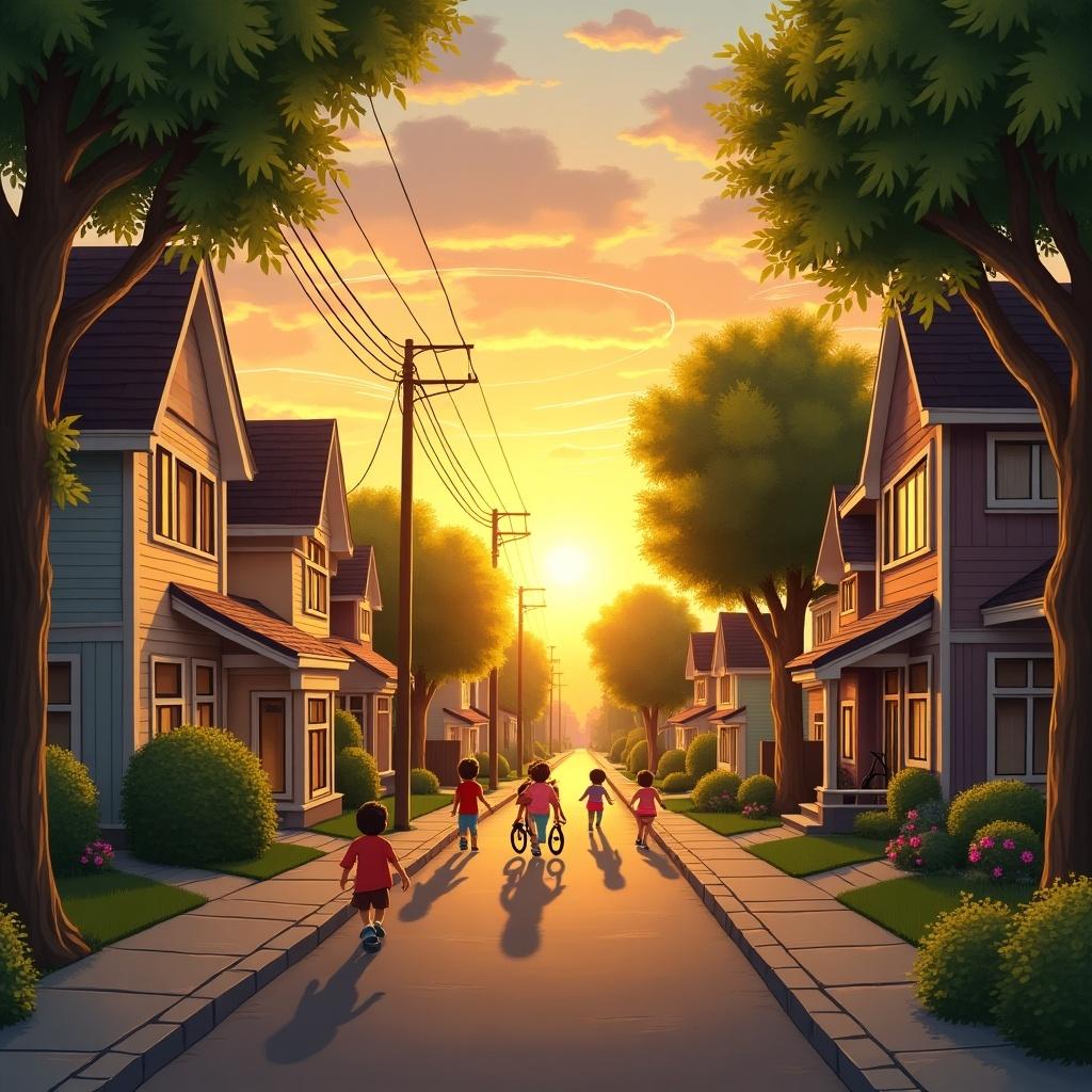 This image depicts a serene suburban scene at sunset, where children are joyfully playing on a quiet street. The main focus is on a group of kids engaged in various activities, including riding bikes and playing games. Surrounding them are charming houses with well-kept gardens, and tall trees lining the street. The warm golden light of the setting sun bathes the entire scene, creating a nostalgic and inviting atmosphere. The image captures the essence of childhood and community spirit on a beautiful summer evening.