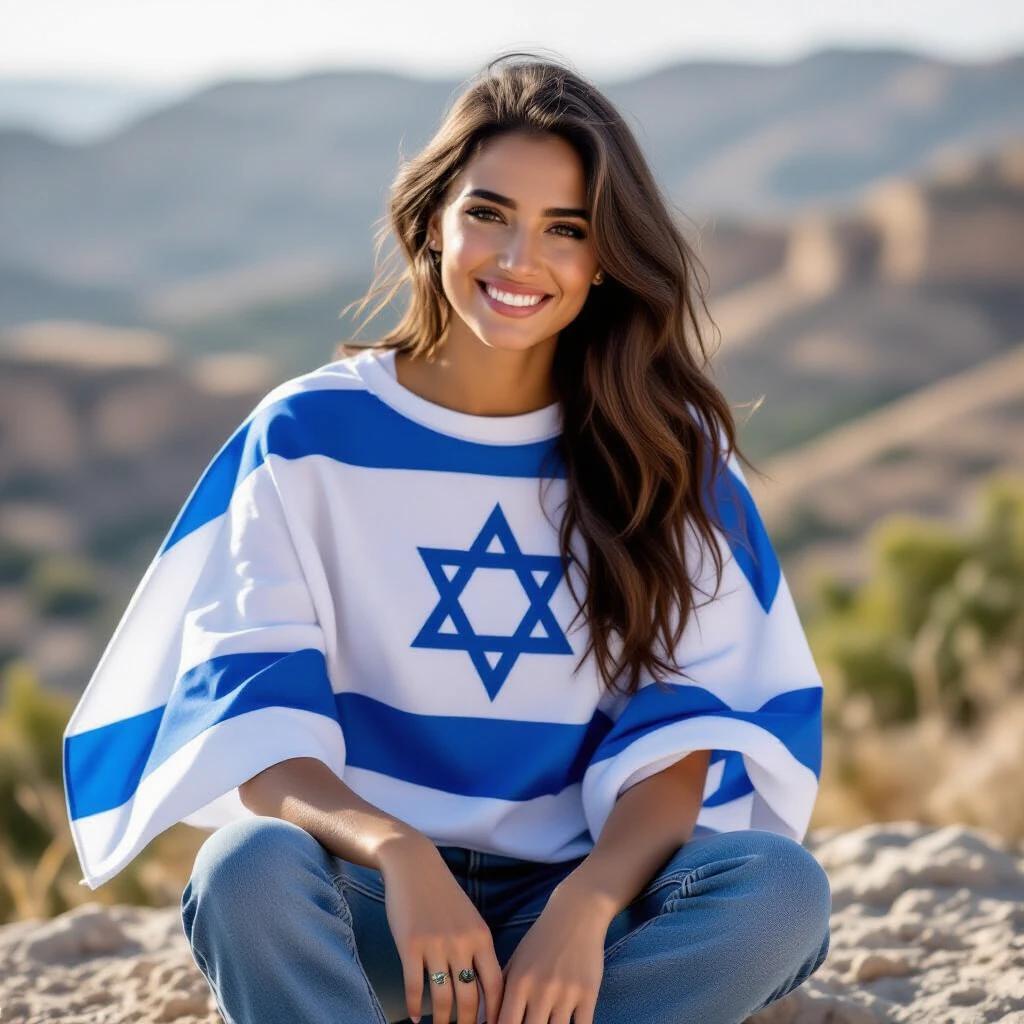 A person wearing a blue and white shirt with the star of David sits on a cliff. The landscape of Israel is visible. Captivating natural light enhances the scene.