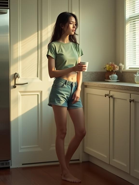 Minimalist interior with a young woman in profile holding a mug. She wears a light green crop top and denim shorts. Soft golden sunlight streams through a narrow window, casting shadows. Background includes a kitchen with a refrigerator and floral decor. The scene has a serene and elegant atmosphere.