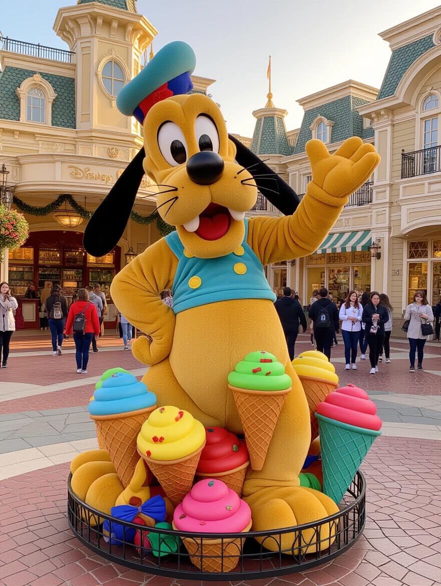 Pluto the Disney character stands excitedly surrounded by colorful ice cream cones. The setting is a lively Disney theme park during sunset. Pluto wears a cheerful expression and poses playfully. The ice cream cones around Pluto are various colors and designs.