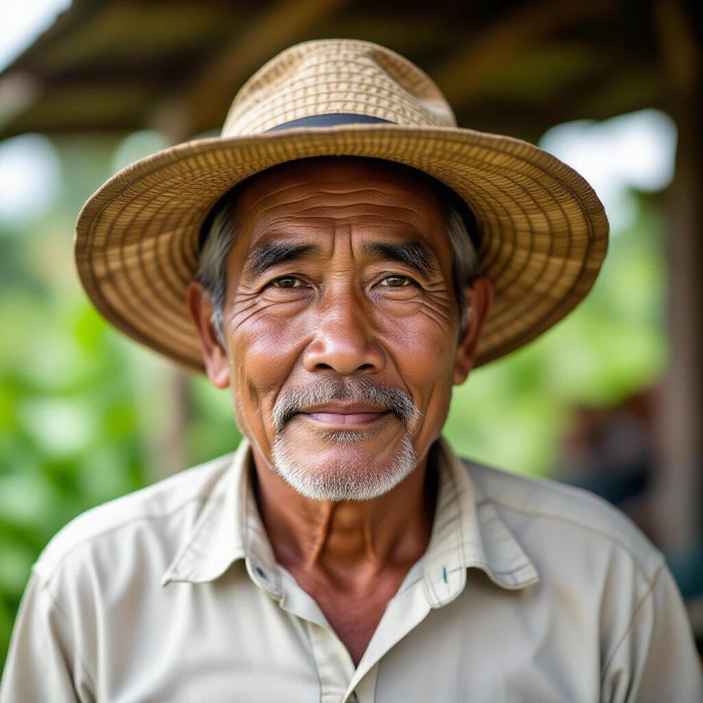 An elderly Filipino farmer standing with a sun hat and simple attire. The background shows greenery and hints of agricultural landscape. The man has a calm demeanor and an expression that reflects wisdom from years of farming.