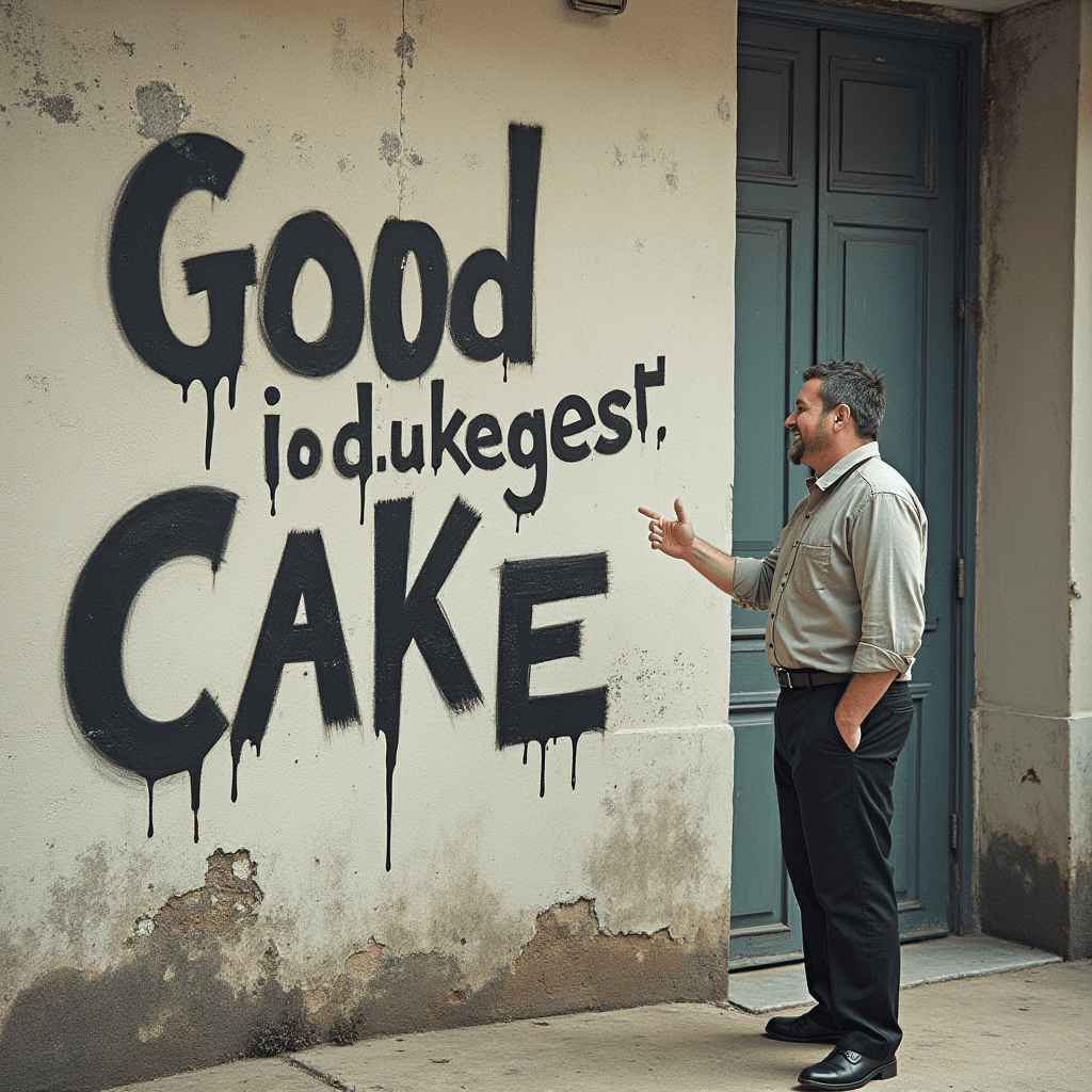 A man is gesturing towards graffiti on a wall that says 'Good Cake'.