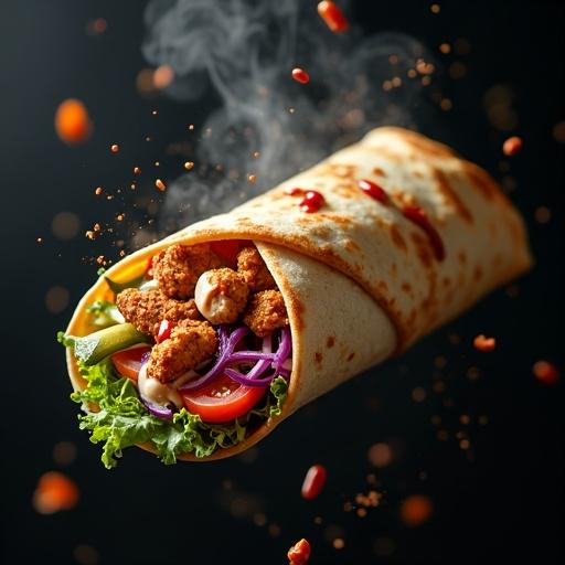 A half-open chicken shawarma wrap floating in mid-air. The charred flatbread folds to reveal juicy spiced chicken chunks. Shredded lettuce, fresh tomato slices, tangy pickles, creamy garlic sauce, and tahini swirl inside. Purple cabbage and sliced onions spill out. Steam is gently rising. Red chili sauce is drizzled on top. Crumbs and sauce droplets float around. The edges of the wrap are slightly curled and toasted golden. Dramatic lighting highlights textures with a soft spotlight.