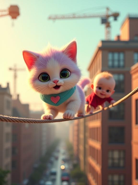 A fluffy, anthropomorphic kitten with pastel colors is bravely walking on urban structures. A determined baby crawls behind the kitten. Late afternoon sun creates shadows. Kitten encourages with an open mouth.