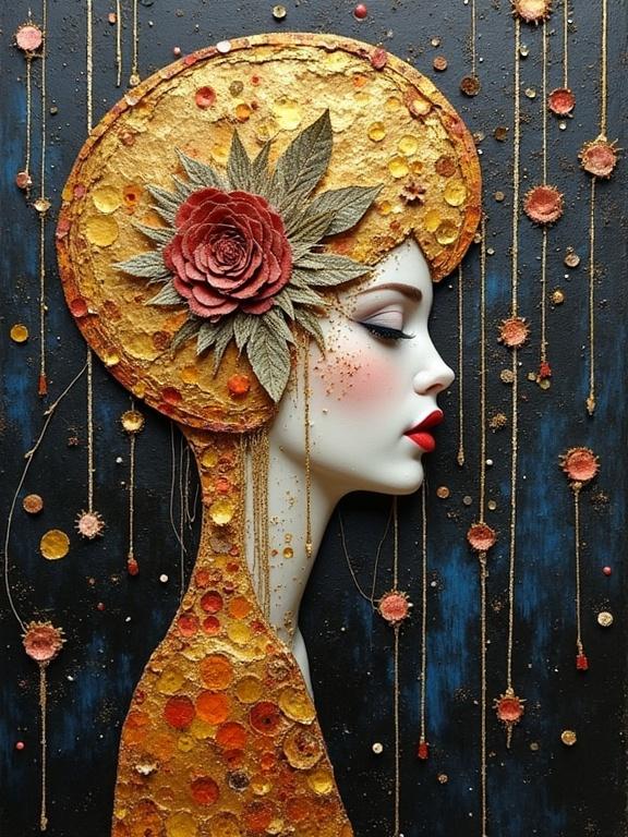 A profile of a woman in mixed media with a golden background. Texture play with various materials like newspaper, jute fibers, and glittering confetti. Scratches and tears add depth. The artwork conveys beauty and depth. Dark colors mix with warm tones in this multilayered, stunning composition.