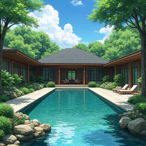 Image depicting a modern luxurious mansion in a Japanese garden setting. The scene includes a pristine blue swimming pool and surrounding lush greenery. The design is sleek and contemporary with natural materials, capturing a tranquil summer morning atmosphere.