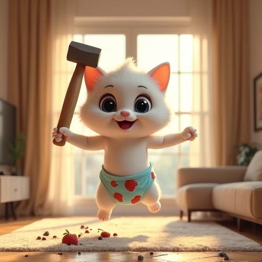 A white fluffy kitten with big black eyes. Kitten wears a light blue diaper with red strawberries. It jumps in a bright living room holding a sledgehammer. The floor is breaking and TV is shattered. Modern furniture and decor surround. Bright and cinematic lighting.