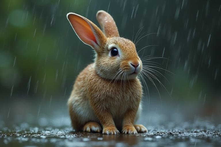 A small rabbit soaked in rain with wet fur, sitting quietly and looking vulnerable.