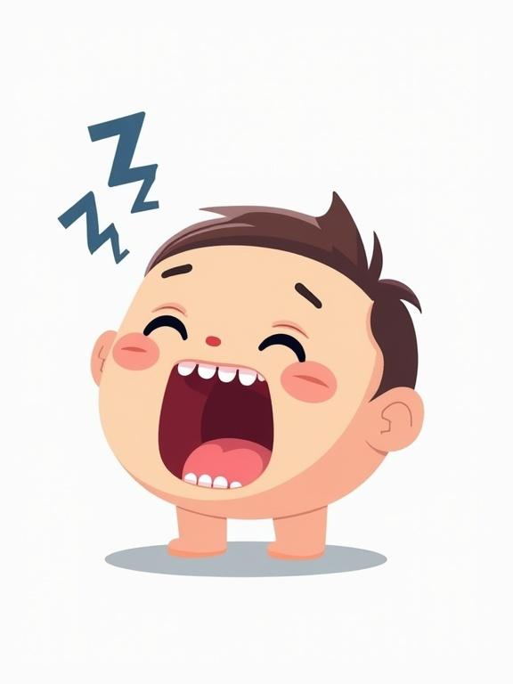 Cartoon character yawning with mouth wide open. Character has sleepy droopy eyes. ZZZ sleep symbols floating above head. Cute illustration style. Isolated on transparent background.