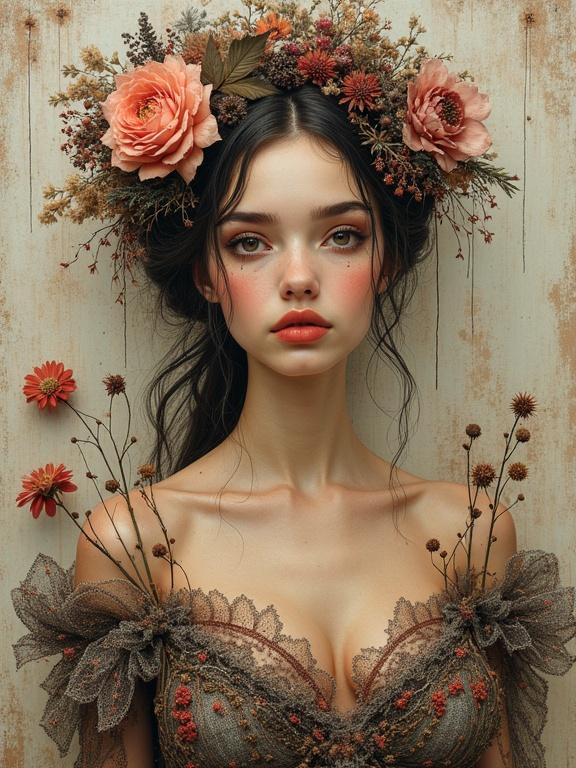 A close-up portrait of a woman with a floral crown made of roses and dried flowers. Soft lighting accentuates detailed facial features and artistic texture on the dress. The image showcases a blend of fabrics, threads, and natural elements in a romantic style.