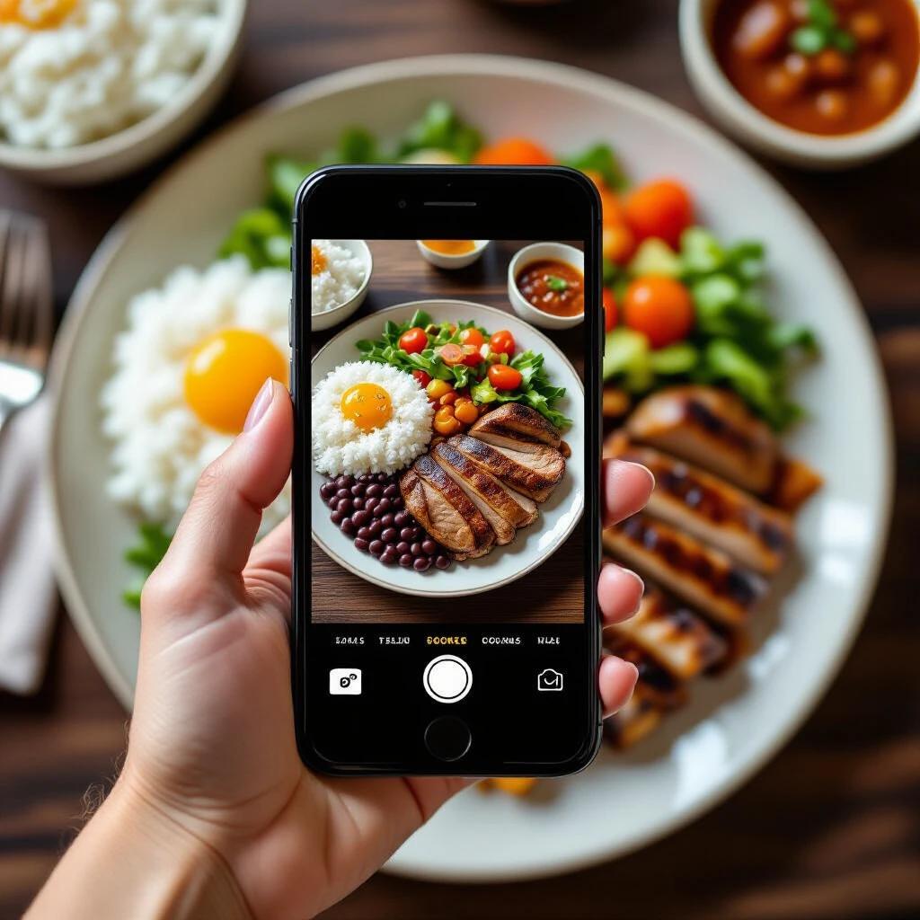 A hand holds a smartphone taking a photo of Brazilian food. The meal includes rice beans grilled meat farofa and salad on a table. Natural light enhances food colors. Casual dining atmosphere with a shallow depth of field.