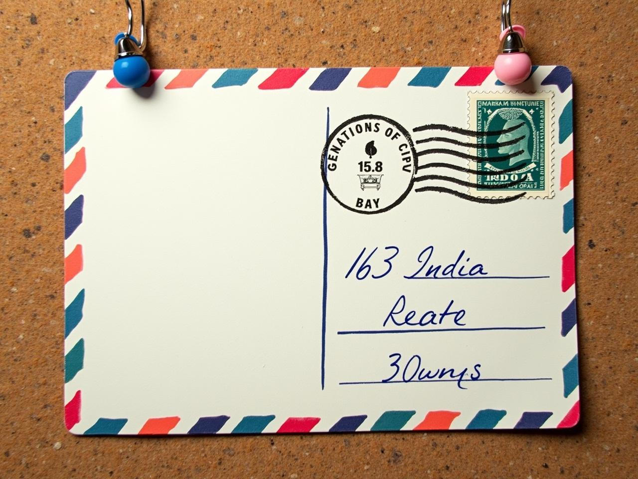 The image features a postcard pinned to a corkboard. The postcard has a distinctive striped border and a stamp from India. On the back side, it displays a handwritten address indicating a destination in India. It's secured to the corkboard with colorful pins. The overall scene suggests a sense of nostalgia or travel inspiration, showcasing the art of sending personal messages through postcards.