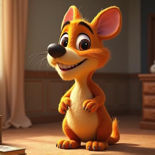 A cartoon character named Czesio inspired by the Polish series 'Włatcy móch' in a Pixar animated style. Czesio is a small, friendly-looking creature with orange fur and large expressive eyes. The setting is a room with a warm ambiance and light spilling in from a window. The character stands on its hind legs with a happy smile.