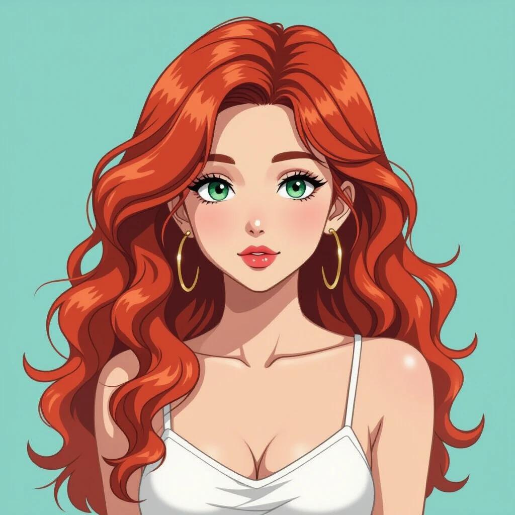 Digital illustration of an Indian woman with wavy platinum red hair. Hair falls below shoulders. Striking green eyes and neutral expression with slight pout. Wearing a white spaghetti strap top. Light blue background. Soft even lighting. Focus on face and upper body. Aspect ratio 16:9.