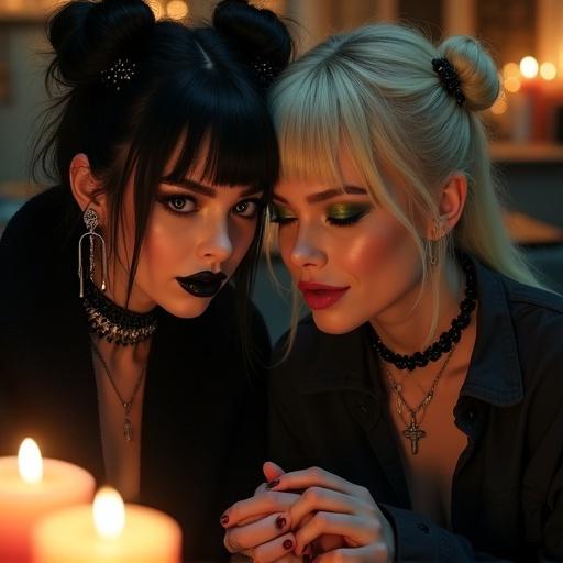 Portrait of two young women in an intimate setting. One has black hair in sparkly space buns wearing a black coat and gothic makeup. The other has blonde hair in a side braid with a dark shirt and soft makeup. They are illuminated by candlelight, creating a dramatic, atmospheric effect.