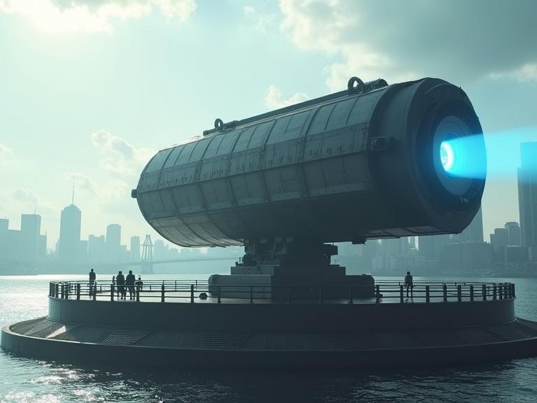Cinematic scene featuring a large sci-fi plasma gun on a rotating platform in an urban setting. The gun is bulky and grey with glowing blue elements. Small figures are seen on the platform by guard rails. The city skyline is visible across the river with shadowy outlines.
