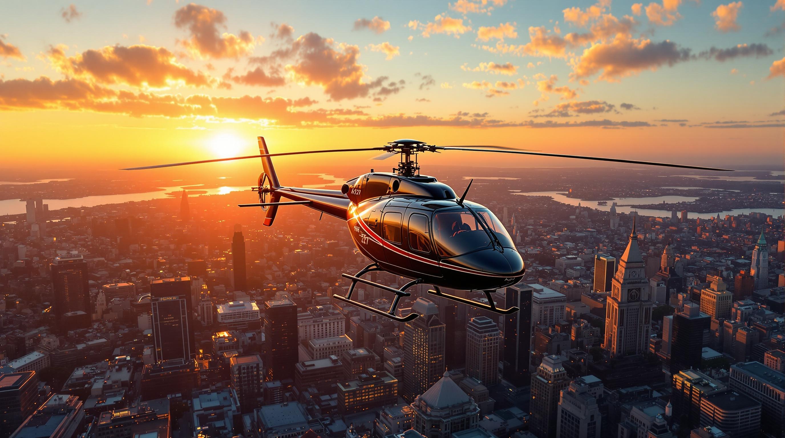 Helicopter Bell 427 flying over a city at sunset. Aerial view perspective. High detail and professional photo quality. Display of helicopter tours. Perfect for stock imagery.