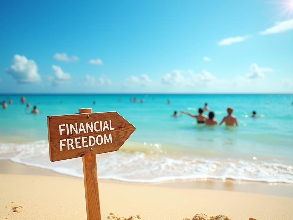 A wooden sign on a beach with the text "FINANCIAL FREEDOM" written on it. The sign points to the vibrant blue ocean under a sunny sky. In the background, people are enjoying the beach, some swimming in the calm waves. You can see the soft golden sand beneath the sign and gentle waves lapping at the shore. The atmosphere is relaxed and inviting, perfect for a getaway or vacation.