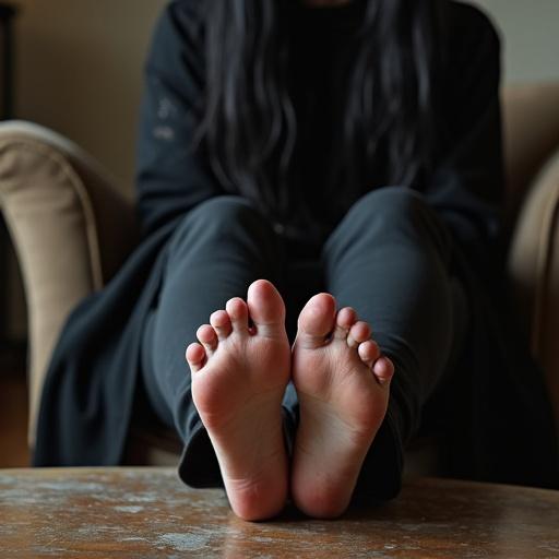 Mature goth woman with black long hair shows filthy soles on her bare feet. She wears goth clothes. She sits on the armchair with her feet on the coffee table.