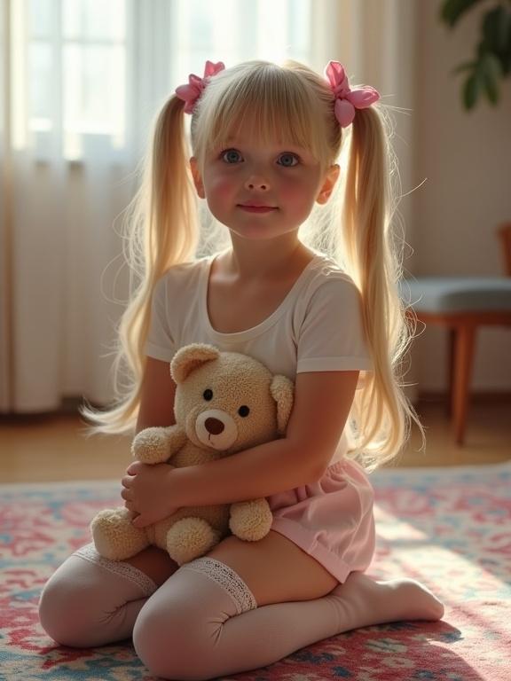 A young girl with long blonde hair styled in twin tails and pink bows kneels on a colorful rug in a softly lit living room. She wears a short white crop top and a pale pink skirt, with thigh-high socks embellished with lace, and simple black shoes. The girl holds a teddy bear closely, her cheeks flushed, looking up with innocent curiosity.