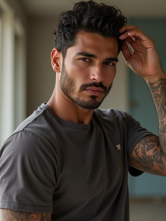 Full figure shot of a handsome man looks at the camera. He slightly runs his hand through his hair. Neutral background enhances focus on him.