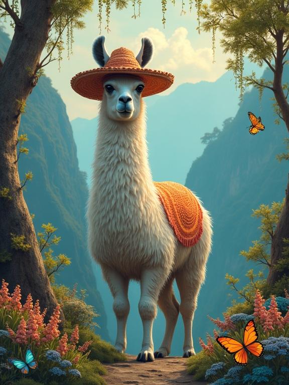 A majestic llama wearing a woven hat stands in a valley. Iridescent vines hang from trees and butterflies flutter around it.