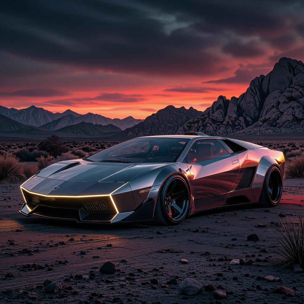 Parked angular dual tone concept futuristic funny car low rider in a dramatic desert landscape at sunset. The car features a sleek design with metallic tones against an epic backdrop of mountains.