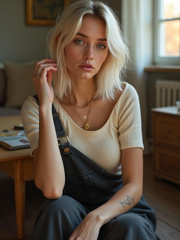 Natural light portrait of a stylish young blonde woman in modern fashion. Sitting casually on the floor near a wooden table. Hair played with softly. Wearing a ribbed crop top and oversized denim overalls. Eyes gaze directly at the camera. Gold chain with sun pendant. Faint tattoo on her arm. Warm light filters through window creating glow.