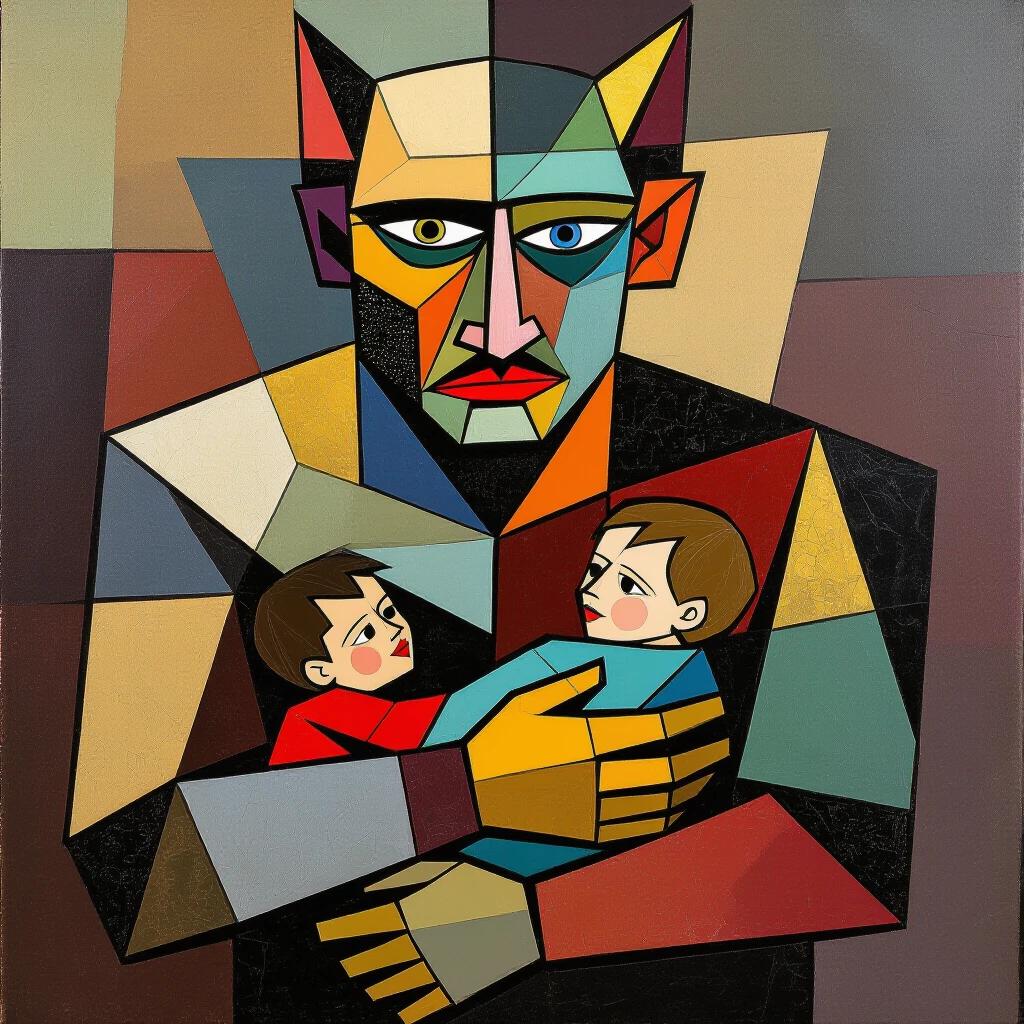 Abstract cubist creature made of overlapping geometric shapes. Fractured forms and multiple viewpoints. Asymmetrical body with stone and fur. Holds a child gently. Muted earth tones with deep crimson and teal accents. Strong angular composition in cubist style. Heavy texture with harsh light and shadow planes.