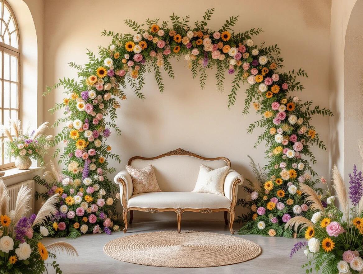 Scenic romantic setting with a large floral arch decorated with fresh flowers like roses peonies sunflowers and lavender in warm tones white pink soft gold and soft purple combined with green foliage and natural vines. In the center of the arch a vintage elegant sofa in white beige or dusty velvet as focal point surrounded by flower petals on the floor. Warm soft lighting from fairy lights in the arch candles on the floor or a soft golden sunset filtering through the foliage. Background blurred suggesting a garden meadow or a room with flowing curtains with subtle bokeh effect highlighting the arch and sofa. Professional photographic style warm colors fairy tale atmosphere.
