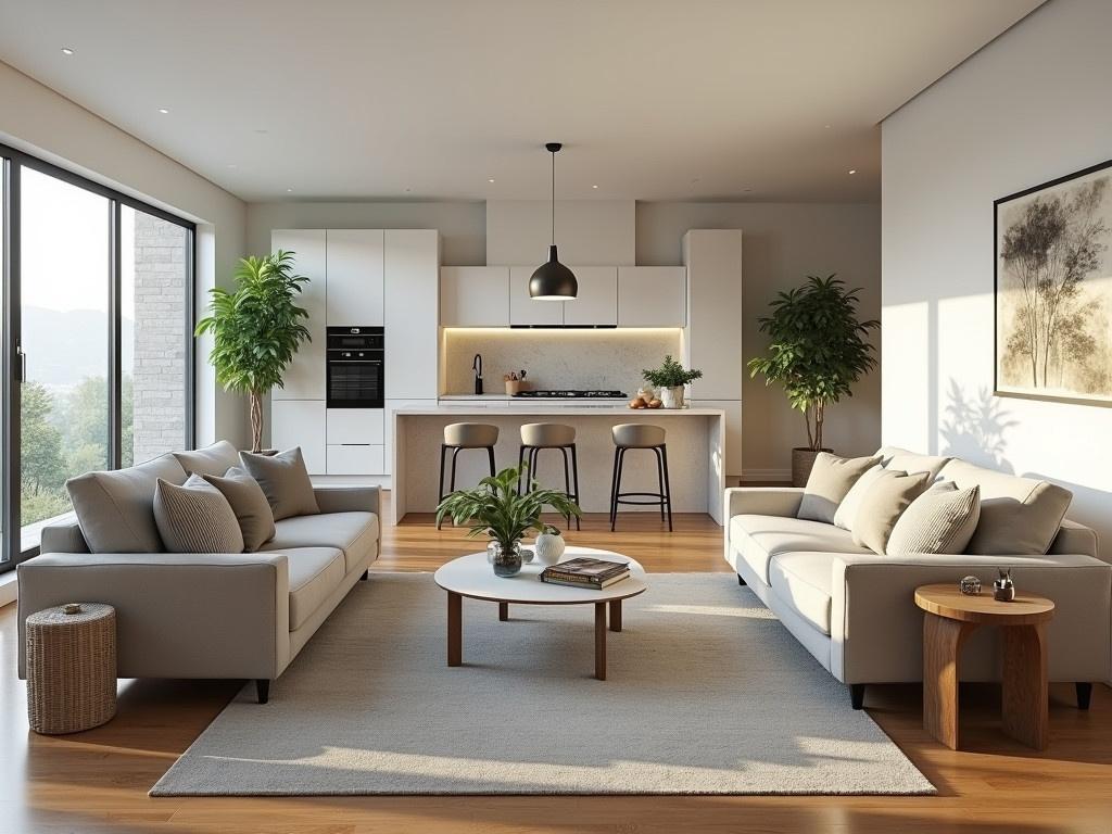 A modern living room featuring large, comfy sofas in a sleek design. The space is bright and inviting, filled with natural light from large windows. A contemporary kitchen is visible in the background, showcasing stylish cabinetry and modern appliances. The room is decorated with greenery and tasteful decor on the walls. A cozy area rug complements the hardwood flooring, enhancing the room's warmth and style.