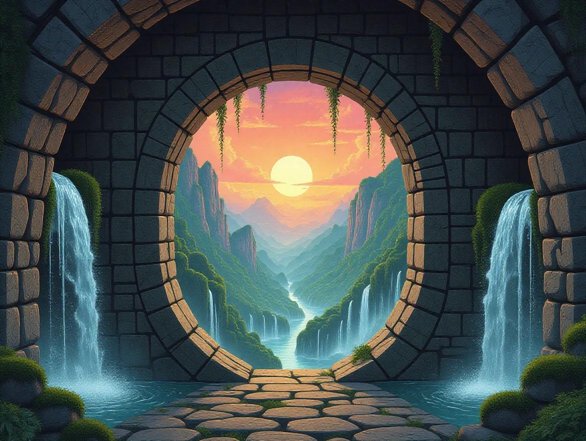 Hidden doorway leading to an ethereal realm in Vintgar Gorge Slovenia framed by moss-covered stones and waterfalls. Beyond doorway, dreamlike landscape with floating islands bioluminescent flora and a crimson sky. Artistic style reminiscent of Roger Dean and Art Nouveau with psychedelic contrasts.