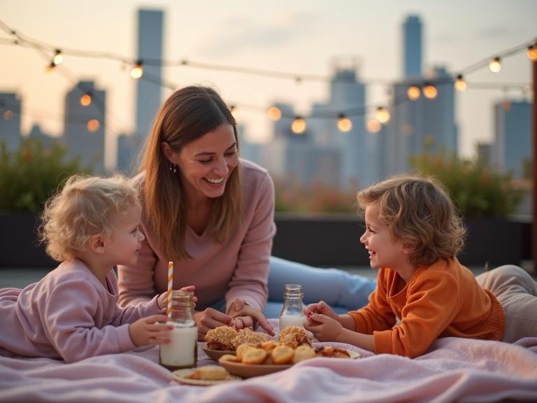 A modern mother and her kids enjoy a picnic on a rooftop in the city. Skyline backdrop features soft pinks oranges and cool grays for a cozy yet contemporary vibe.