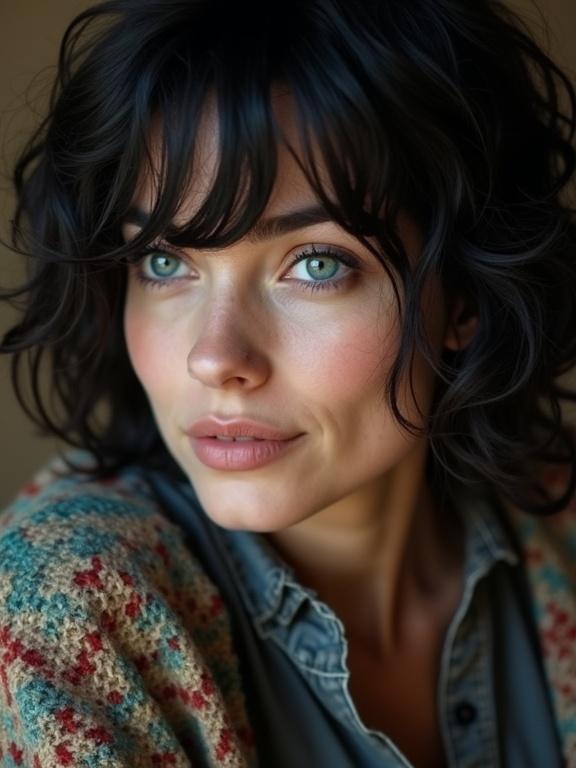Extreme close-up macro photo with heavy film grain. Subject leans in close to camera. Beautiful woman tilting head to the right playfully. Dark grey henley shirt and handwoven Indian shawl. Short black hair drapes over one eye. Piercing turquoise eyes and large lips. Shy smile visible.