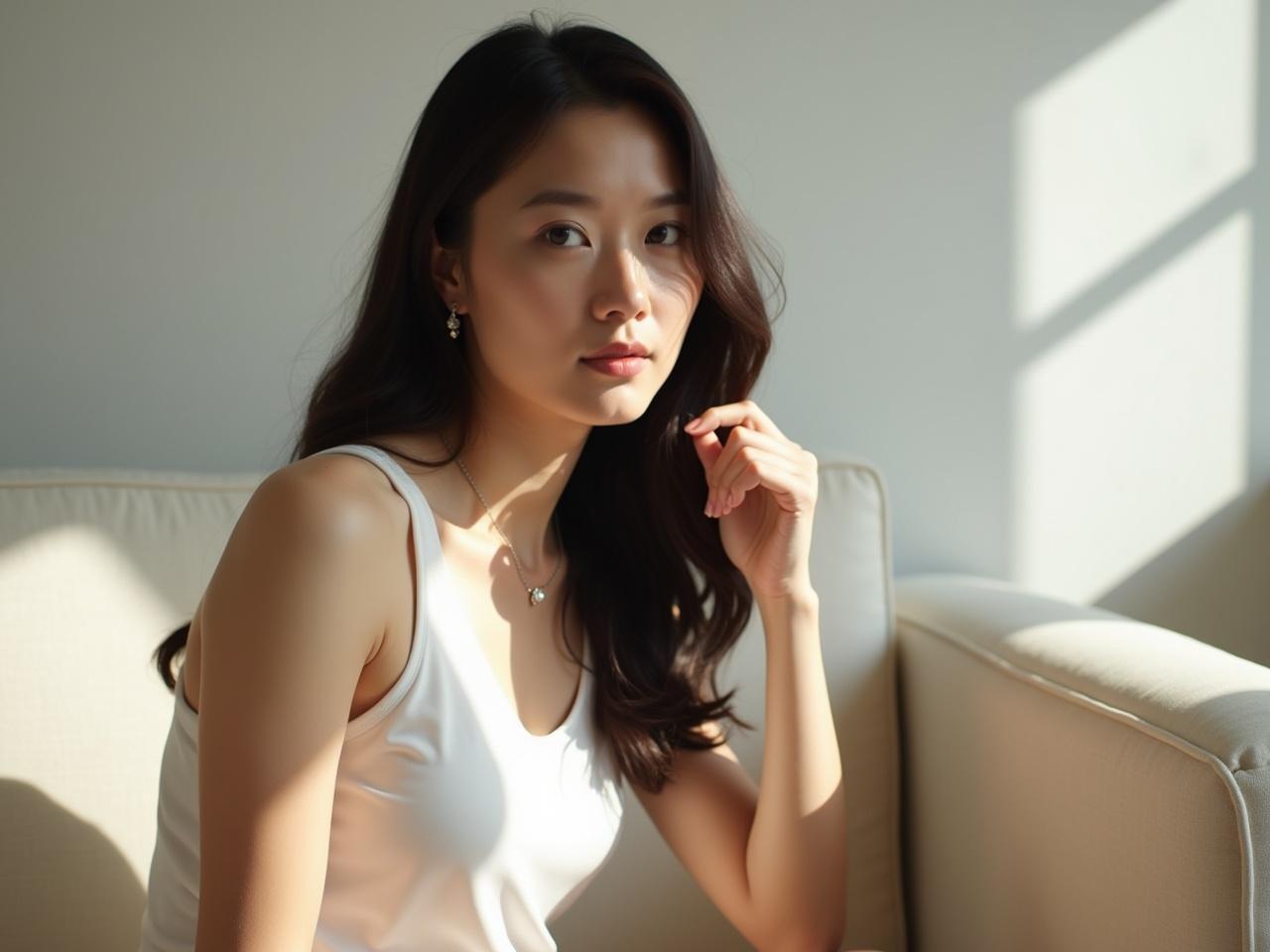 A person sitting comfortably on a light-colored couch with natural light streaming in from a nearby window. They are wearing a sleeveless white top that contrasts with their long, silky dark hair. The room has a minimalist aesthetic with soft shadows creating a serene ambiance. The background is simple, offering a calm atmosphere. The focus is on the person's posture and the elegance of their style.