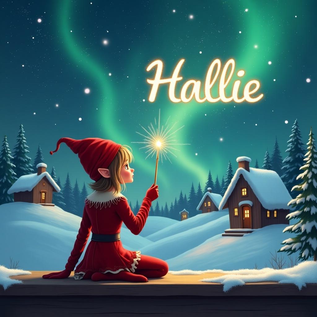 A whimsical scene featuring a female elf dressed in red sitting on a ledge. The elf gazes at a sparkling magical sky while holding a wand. She elegantly writes the name 'Hallie' in the stars. The background showcases a snowy landscape with charming houses and evergreen trees under the Northern Lights. The image captures the essence of childhood magic and festive cheer. The elf is seen from behind, enhancing the sense of wonder and enchantment in the scene.