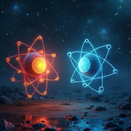 Two stylized atoms depicted in a cosmic environment. One atom is red, the other is blue. They appear to be communicating. One atom expresses a potential loss of an electron, while the other atom humorously questions the electrical state.