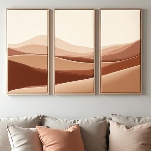 Triptych wall art set consisting of three canvases. Each canvas shows an abstract landscape with a minimalist design. Color palette features warm earth tones like ochre, clay, taupe, and sand. Art creates a calming and elegant atmosphere, ideal for wellness-focused interiors.