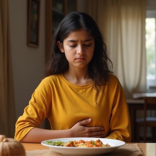 A young Indian woman at a dining table. She gently pushes away food. Looks uncomfortable and disinterested. One hand on her stomach. Warm home environment. Soft natural lighting. Expression shows discomfort without drama.
