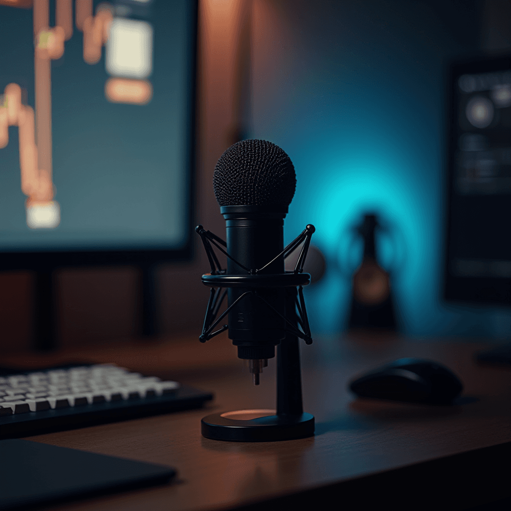 A microphone on a desk in front of two computer monitors.