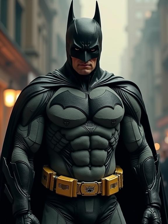 A stylized version of a superhero in an urban setting. Emphasis on strength and heroism. Detailed costume and accessories visible.