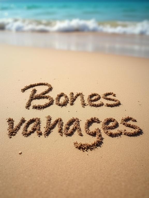Image of sand on the beach with text written in the sand saying Bones vacances. Bright sunlight and blue ocean waves in the background.