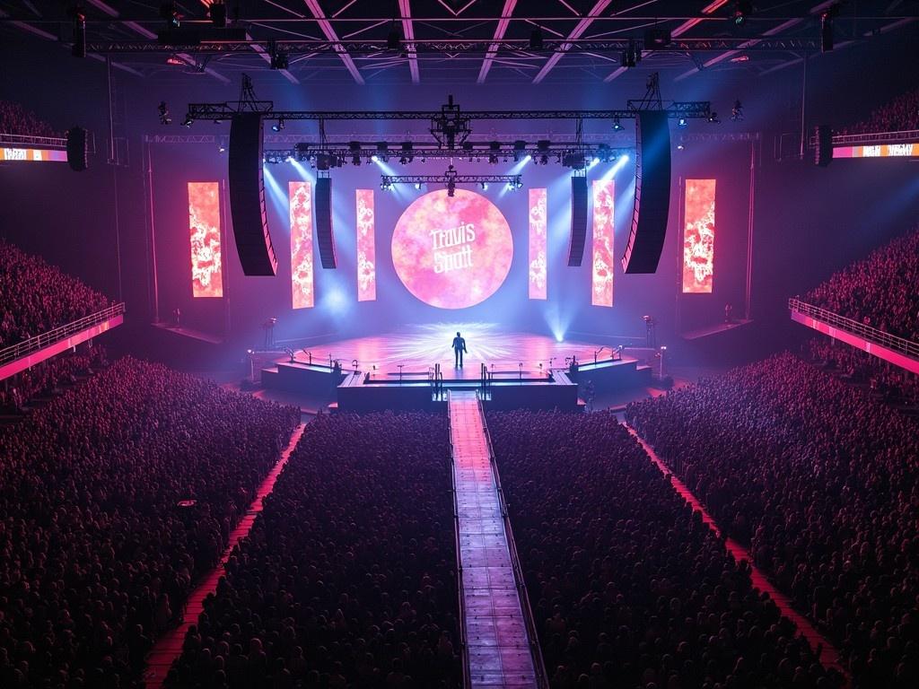 This image showcases a stunning aerial view of a Travis Scott concert. The stage is dramatically lit, creating an energetic atmosphere. A massive circular screen displays the artist's name, surrounded by vibrant light shows. A long catwalk extends from the stage, allowing the performer to engage closely with the audience. The arena is filled with a large crowd, enhancing the sense of scale and excitement of the event. This captures the essence of a high-energy concert experience.