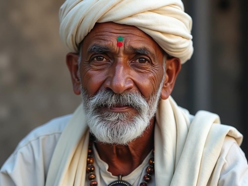 This image features an elderly man dressed in traditional attire. His facial expression conveys warmth and wisdom. He has a white beard and wears a turban, which is common in various South Asian cultures. The background is softly blurred to emphasize his face. The lighting is natural, enhancing the textures and expressions of his skin. He is adorned with a necklace that adds to his cultural appearance. The red dot on his forehead signifies cultural or religious meaning. His eyes reflect kindness and experience. This portrait captures not just a person, but the essence of his heritage.