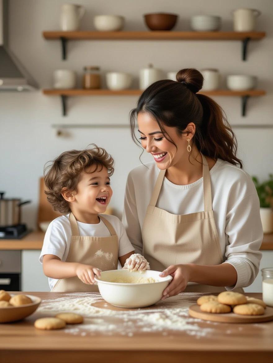 A joyful scene in a modern kitchen. A mother and child baking cookies. The kitchen is well-lit and organized. The mother wears an apron while holding a bowl of cookie dough. The child is actively participating and covered in flour. The atmosphere is loving.