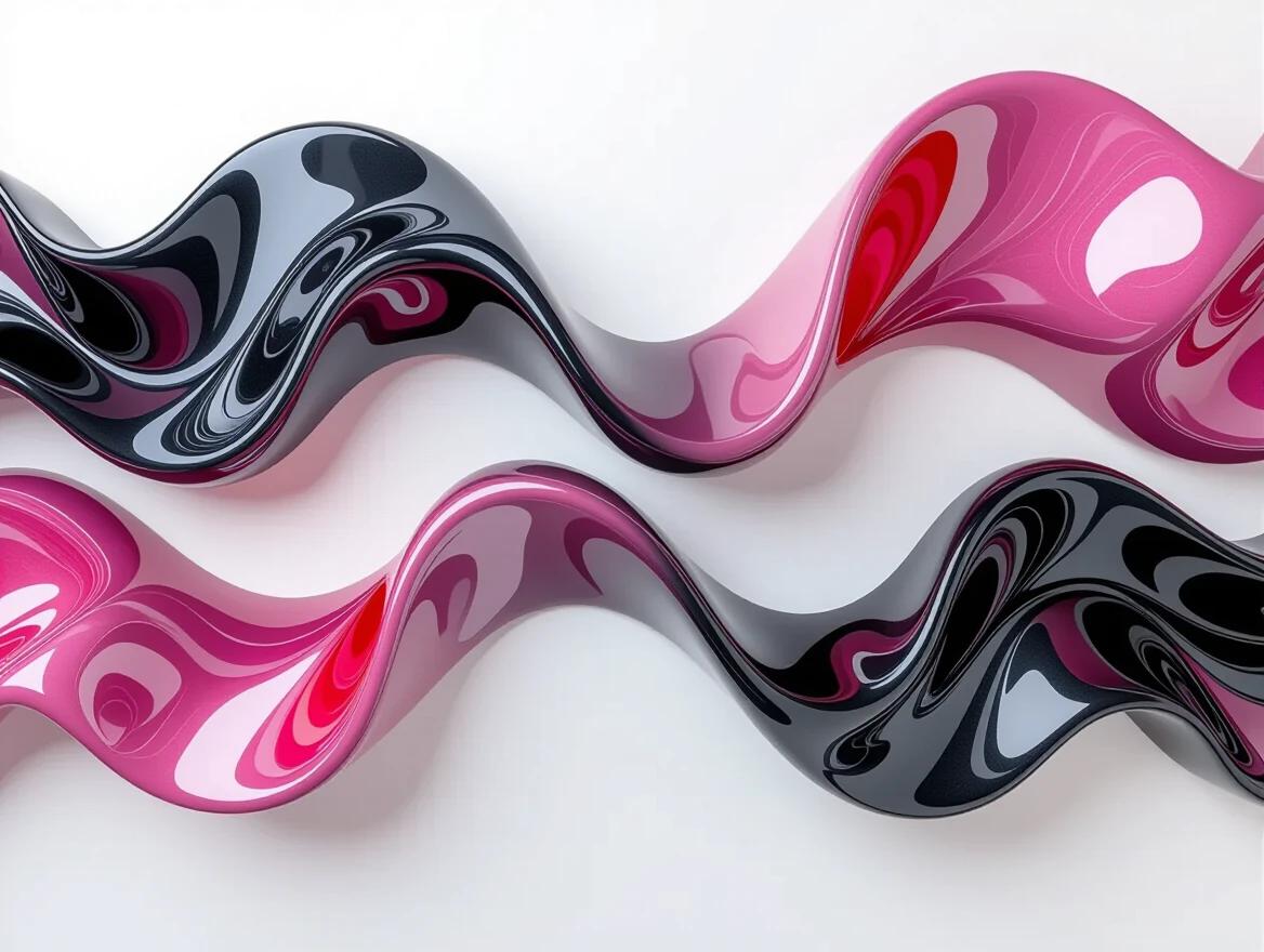 3D abstract ribbon-like structure with smooth glossy finish. Gradient transitions from deep red to black to light grey. Set against plain white background. Features subtle shading and curved shapes.