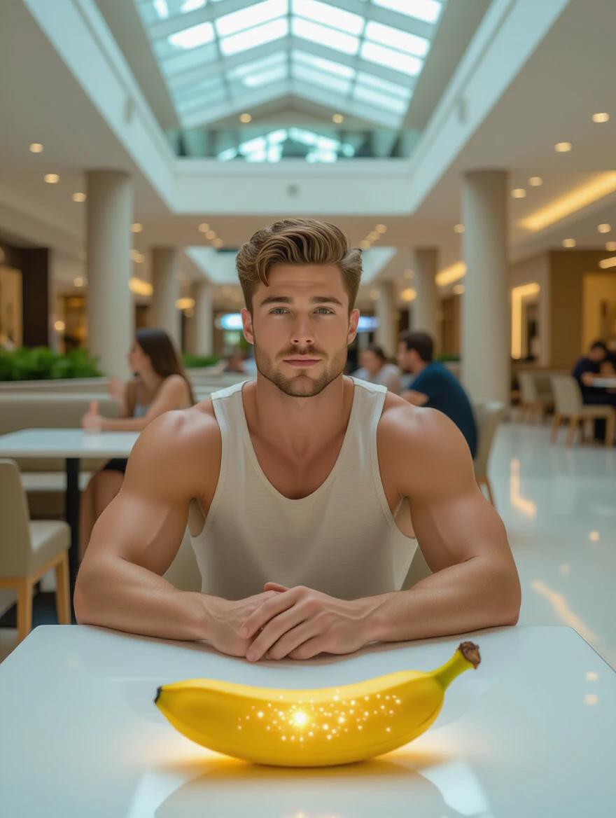 A handsome athletic young man sits at a food court table wearing a beige tank top and loose linen shorts. A glowing oversized banana with sparkles rests on the table. Casual social atmosphere with friends nearby. Bright, even lighting from skylights above.